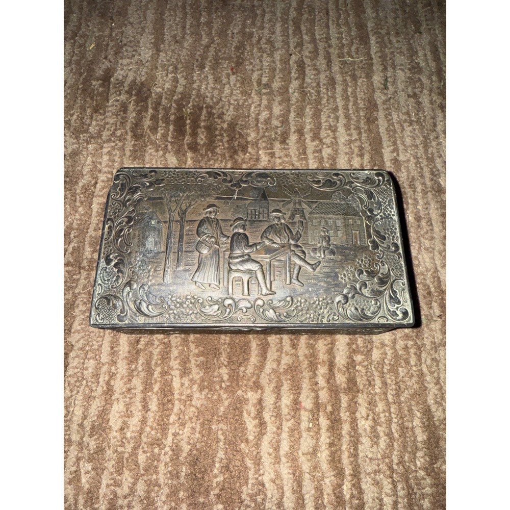 Vintage Ornate Trinket Box Embossed Scene Decorative Metal Jewelry Box
